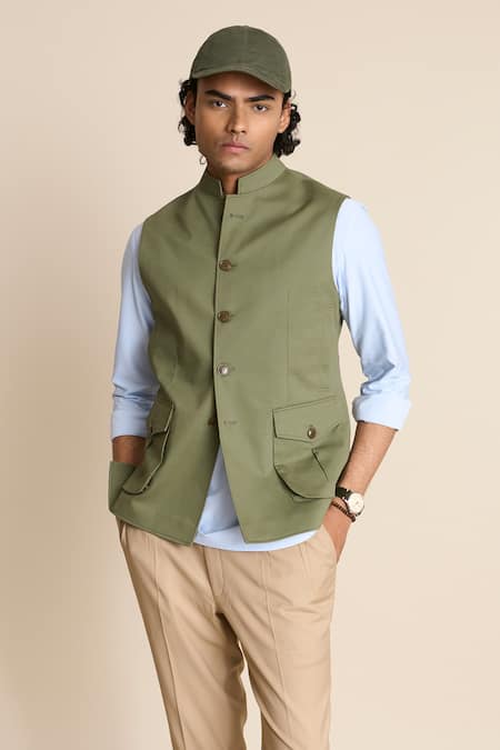 Shop_Gargee Designers_Green Cotton Button Front Bundi _Online_at_Aza_Fashions