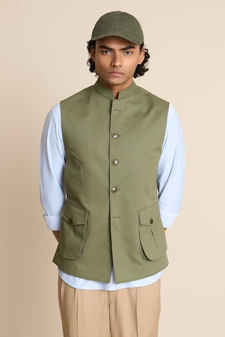 Gargee Designers_Green Cotton Button Front Bundi _at_Aza_Fashions