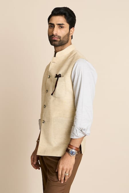 Gargee Designers_Beige Linen Bundi Jacket_Online_at_Aza_Fashions