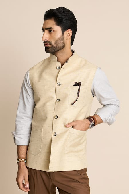 Buy_Gargee Designers_Beige Linen Bundi Jacket_Online_at_Aza_Fashions