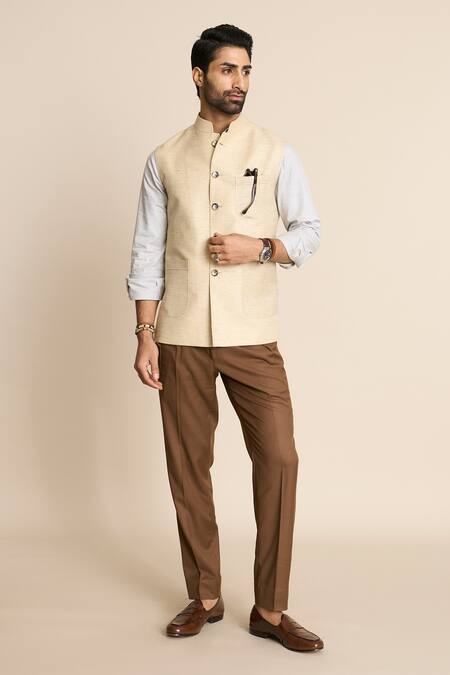 Shop_Gargee Designers_Beige Linen Bundi Jacket_Online_at_Aza_Fashions