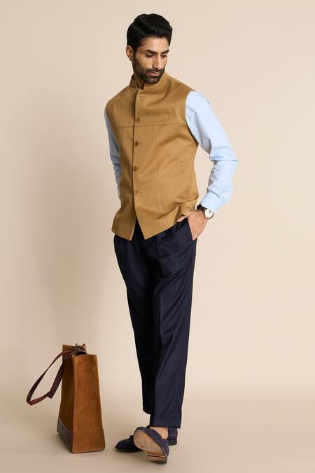 Gargee Designers_Beige Cotton Button Front Bundi _at_Aza_Fashions