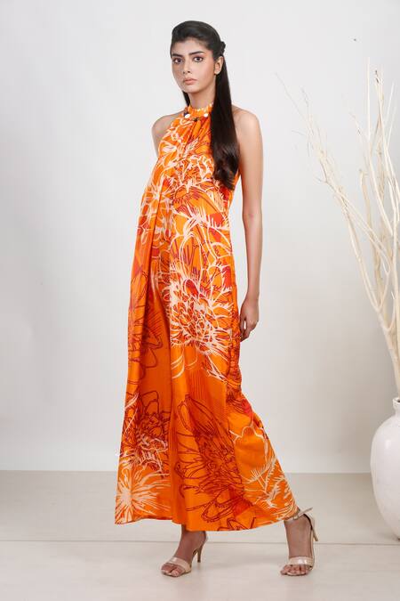Garo_Orange Silk Crystals Round Neck Floral And Abstract Pattern Jumpsuit _Online_at_Aza_Fashions