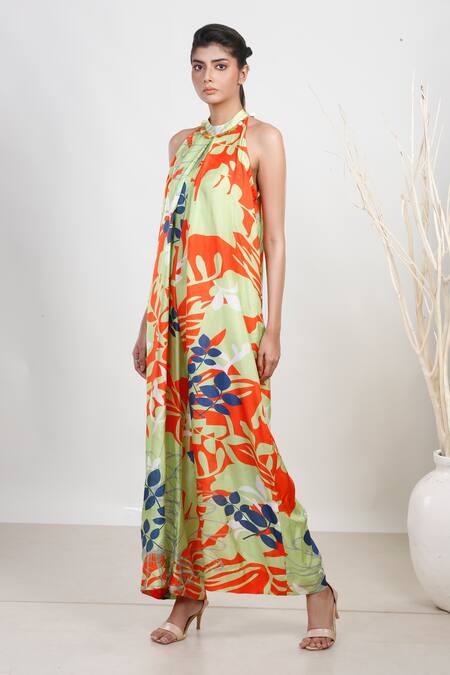 Garo_Green Silk Crystals Halter Neck Floral Pattern Jumpsuit _Online_at_Aza_Fashions