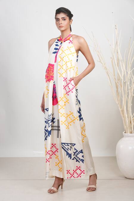 Garo_Off White Silk Crystals Halter Neck Geometric Pattern Jumpsuit _Online_at_Aza_Fashions