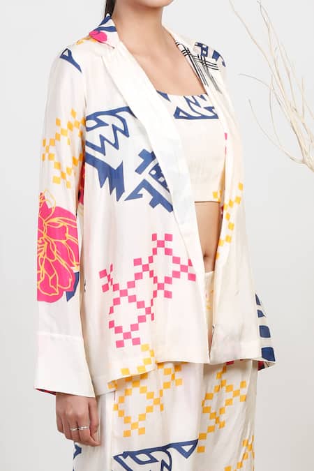 Garo_Off White Silk Crystals Crew Neck Geometric Pattern Jacket And Pant Set _Online_at_Aza_Fashions