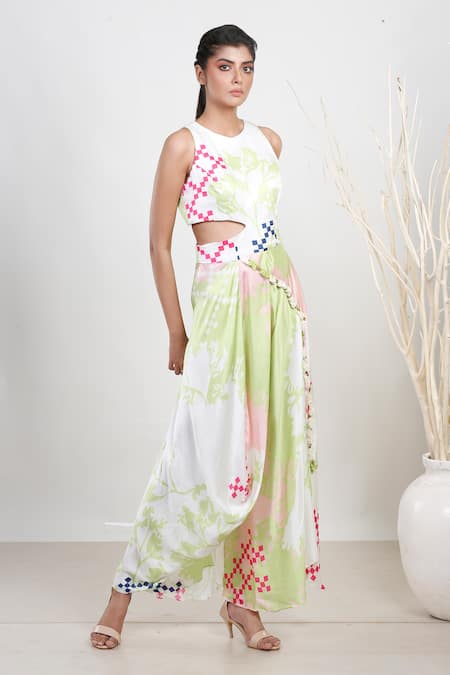 Garo_Off White Modal, Satin Tassels Round Neck Geometric Pattern Cowl Jumpsuit _Online_at_Aza_Fashions
