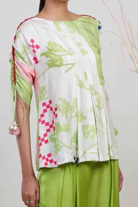 Garo Green Modal, Satin Embroidery Round Floral Print Pleated Top And Flared Pant Set Online at Aza Fashions Garo_Green Modal, Satin Embroidery Round Floral Print Pleated Top And Flared Pant Set _Online_at_Aza_Fashions