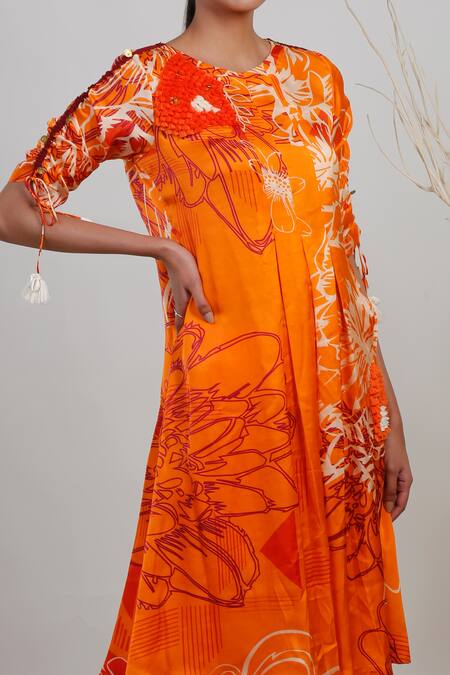 Garo Orange Modal, Satin Embroidery Round Neck Floral Print Kurta And Pant Set Online at Aza Fashions Garo_Orange Modal, Satin Embroidery Round Neck Floral Print Kurta And Pant Set _Online_at_Aza_Fashions