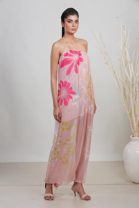 Garo_Pink Chiffon Crystals Square Neck Floral Print String Dress _Online_at_Aza_Fashions