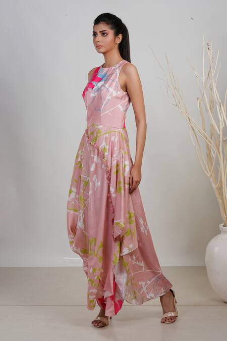 Garo_Pink Modal, Satin Embroidery Round Neck Floral Pattern Cowl Jumpsuit _Online_at_Aza_Fashions