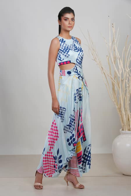 Garo_Blue Modal, Satin Tassels Round Neck Abstract Pattern Cowl Jumpsuit _Online_at_Aza_Fashions