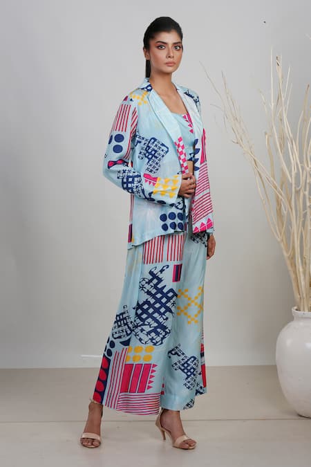 Garo_Blue Silk Crystals Collared, Geometric And Abstract Pattern Jacket & Pant Set _Online_at_Aza_Fashions