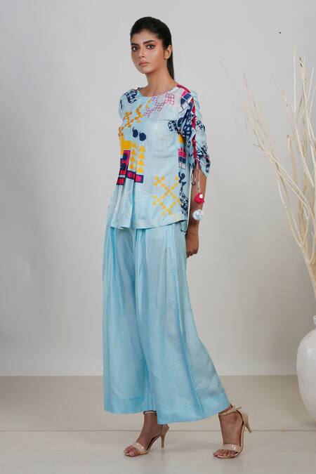 Garo_Blue Silk Embroidery, Tassels Round Abstract Print Pleated Top And Flared Pant Set _Online_at_Aza_Fashions