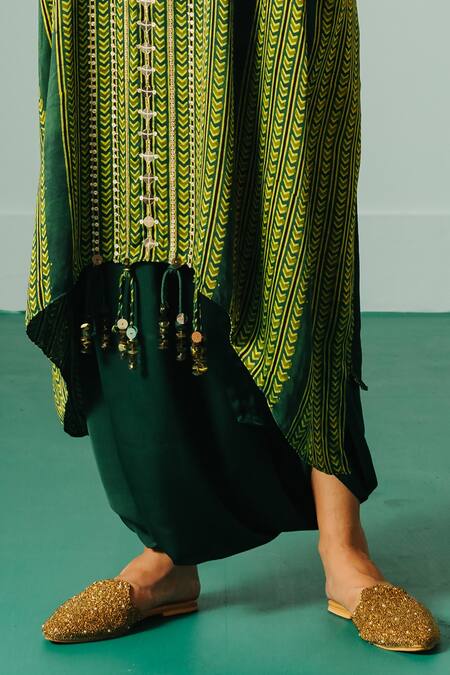 Shop Prahnaaya Green Satin Sequins, Ajrakh Hand Block Print Kaftan Tunic And Dhoti Skirt Set Online at Aza Fashions Shop_Prahnaaya_Green Satin Sequins, Ajrakh Hand Block Print Kaftan Tunic And Dhoti Skirt Set _Online_at_Aza_Fashions