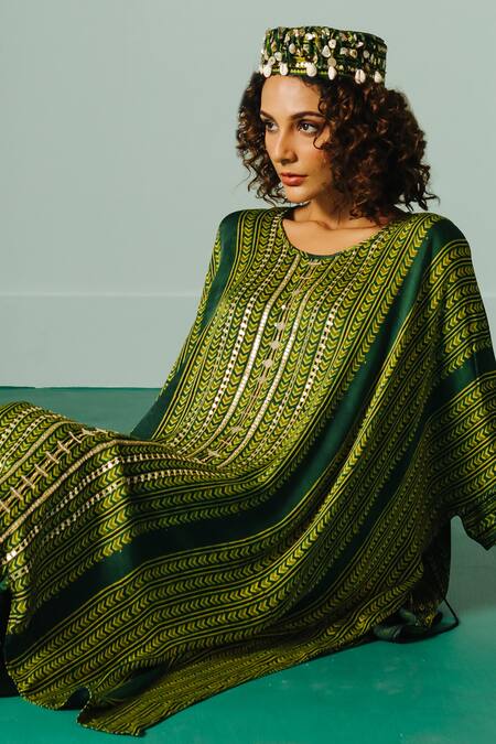 Prahnaaya Green Satin Sequins, Ajrakh Hand Block Print Kaftan Tunic And Dhoti Skirt Set Online at Aza Fashions Prahnaaya_Green Satin Sequins, Ajrakh Hand Block Print Kaftan Tunic And Dhoti Skirt Set _Online_at_Aza_Fashions