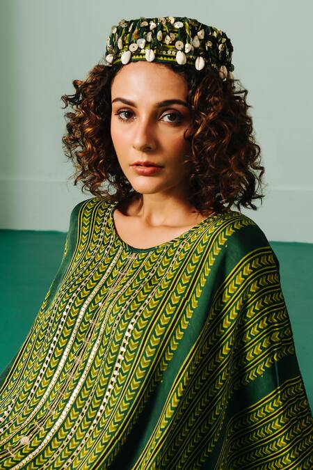 Buy Prahnaaya Green Satin Sequins, Ajrakh Hand Block Print Kaftan Tunic And Dhoti Skirt Set Online at Aza Fashions Buy_Prahnaaya_Green Satin Sequins, Ajrakh Hand Block Print Kaftan Tunic And Dhoti Skirt Set _Online_at_Aza_Fashions