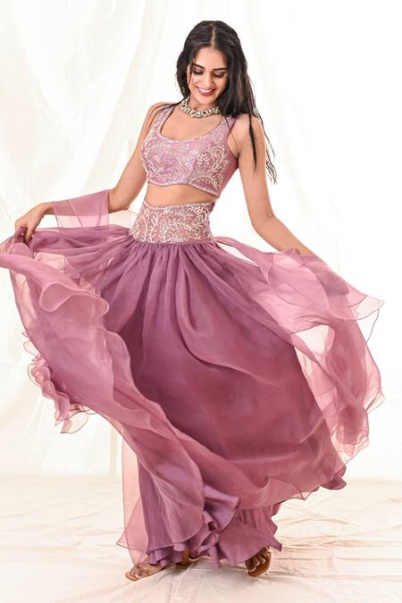 PIRI INDIA_Purple Chanderi, Organza Sequins, Beads, Cowl High-waisted Lehenga Set _Online_at_Aza_Fashions