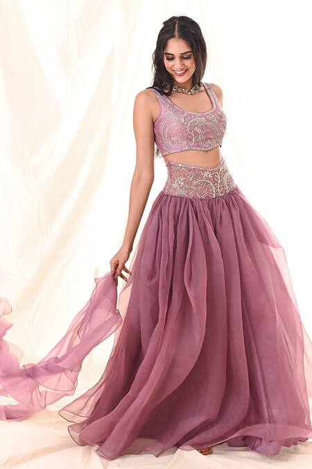 Buy_PIRI INDIA_Purple Chanderi, Organza Sequins, Beads, Cowl High-waisted Lehenga Set _Online_at_Aza_Fashions