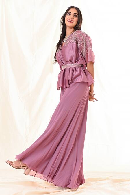 Buy_PIRI INDIA_Purple Organza, Chanderi, Georgette Sequins, Beads, Mirrors, Kimono Palazzo Set _Online_at_Aza_Fashions