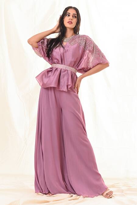 Shop_PIRI INDIA_Purple Organza, Chanderi, Georgette Sequins, Beads, Mirrors, Kimono Palazzo Set _Online_at_Aza_Fashions