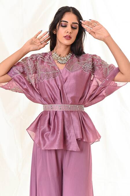 PIRI INDIA_Purple Organza, Chanderi, Georgette Sequins, Beads, Mirrors, Kimono Palazzo Set _at_Aza_Fashions
