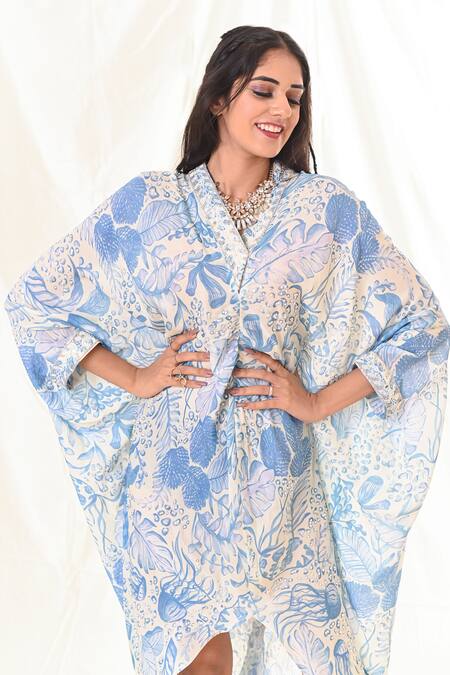 PIRI INDIA_Blue Heavy Georgette Floral Print Kaftan_at_Aza_Fashions