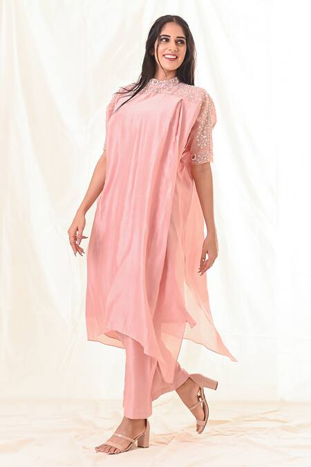 PIRI INDIA_Pink Chanderi, Organza Sequins, Pearls, Embroidered Tunic And Straight Pant Set _Online_at_Aza_Fashions