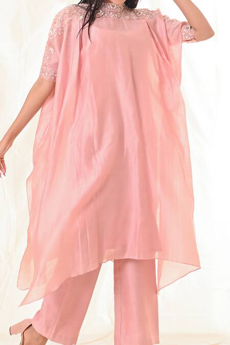 PIRI INDIA Pink Chanderi, Organza Sequins, Pearls, Embroidered Tunic And Straight Pant Set at Aza Fashions PIRI INDIA_Pink Chanderi, Organza Sequins, Pearls, Embroidered Tunic And Straight Pant Set _at_Aza_Fashions
