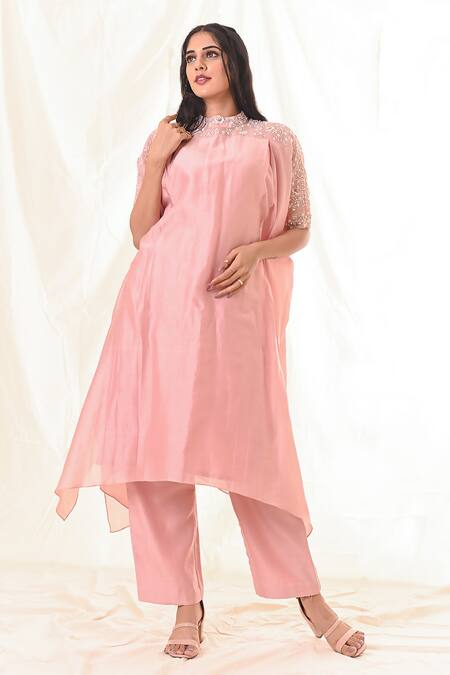 Buy_PIRI INDIA_Pink Chanderi, Organza Sequins, Pearls, Embroidered Tunic And Straight Pant Set _Online_at_Aza_Fashions