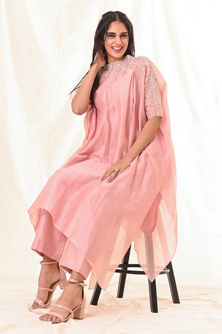 Shop_PIRI INDIA_Pink Chanderi, Organza Sequins, Pearls, Embroidered Tunic And Straight Pant Set _Online_at_Aza_Fashions
