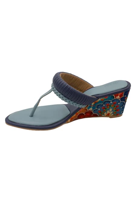 Shop_Veruschka By Payal Kothari_Blue Floral Pattern Ghevar Pleated Strap Wedges _Online_at_Aza_Fashions