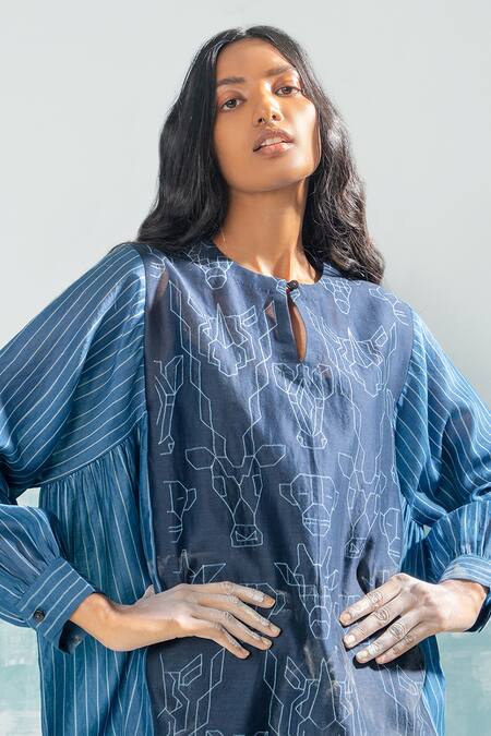 Ikai By Ragini Ahuja_Blue Chanderi, Cotton, Silk Embroidery Round Nile Shibori Kaftan Style Dress_Online_at_Aza_Fashions