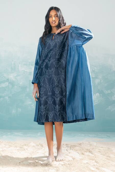 Buy_Ikai By Ragini Ahuja_Blue Chanderi, Cotton, Silk Embroidery Round Nile Shibori Kaftan Style Dress_Online_at_Aza_Fashions
