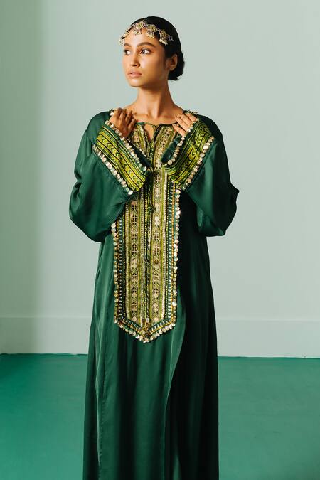 Buy Prahnaaya Green Satin Sequins, Zari, Embroidery Keyhole Placket Straight Kurta And Pant Set Online at Aza Fashions Buy_Prahnaaya_Green Satin Sequins, Zari, Embroidery Keyhole Placket Straight Kurta And Pant Set _Online_at_Aza_Fashions
