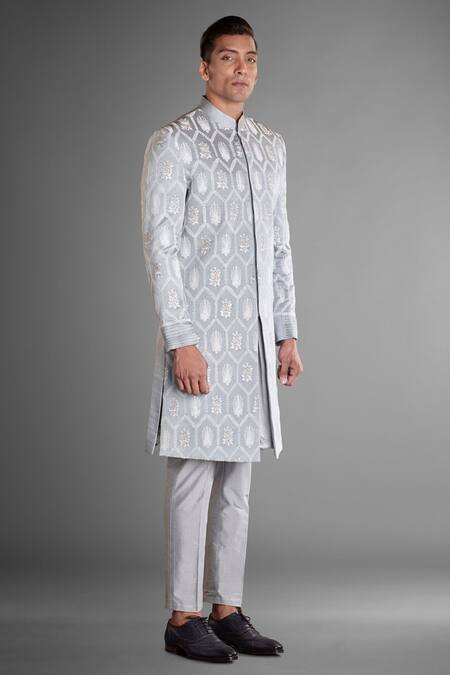 More Mischief Grey Silk, Linen Embroidery Glacier Floral Sherwani Online at Aza Fashions More Mischief_Grey Silk, Linen Embroidery Glacier Floral Sherwani_Online_at_Aza_Fashions