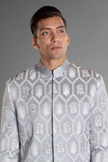 More Mischief Grey Silk, Linen, Cotton Embroidery Glacier Floral Sherwani Set Online at Aza Fashions More Mischief_Grey Silk, Linen, Cotton Embroidery Glacier Floral Sherwani Set_Online_at_Aza_Fashions