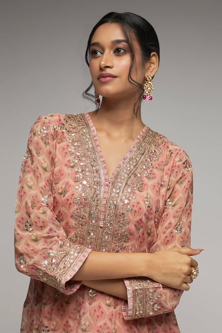 Buy Gopi Vaid Pink Georgette, Cotton Sequins, Nusrat Floral Print Kurta And Dhoti Pant Set Online at Aza Fashions Buy_Gopi Vaid_Pink Georgette, Cotton Sequins, Nusrat Floral Print Kurta And Dhoti Pant Set _Online_at_Aza_Fashions