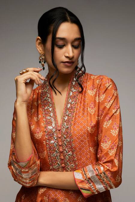 Buy Gopi Vaid Orange Tussar, Cotton Embroidery, Lace Tilla Placket Kurta And Dhoti Pant Set Online at Aza Fashions Buy_Gopi Vaid_Orange Tussar, Cotton Embroidery, Lace Tilla Placket Kurta And Dhoti Pant Set_Online_at_Aza_Fashions