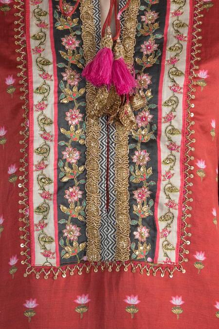 Gopi Vaid_Red Cotton, Silk Gota Patti Round Neck Vrindavan Lotus Print Tunic_Online_at_Aza_Fashions