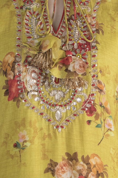 Shop_Gopi Vaid_Yellow Cotton, Silk Tassels, Embroidery Round Neck Jaipur Flower Print Tunic _Online_at_Aza_Fashions