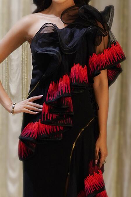 Archana Kochhar_Black Net, Silk Fringe One Shoulder Cosmic Fireburst Embroidered Frill Gown _Online_at_Aza_Fashions