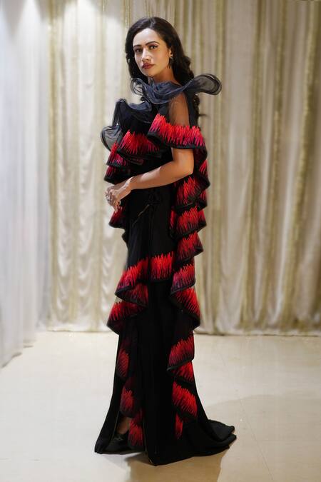 Buy_Archana Kochhar_Black Net, Silk Fringe One Shoulder Cosmic Fireburst Embroidered Frill Gown _Online_at_Aza_Fashions