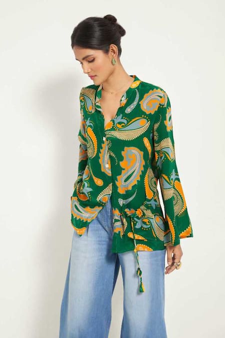 Style Junkiie_Green Crepe Mandarin Collar Paisley Print Shirt _Online_at_Aza_Fashions