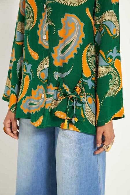 Buy_Style Junkiie_Green Crepe Mandarin Collar Paisley Print Shirt _Online_at_Aza_Fashions
