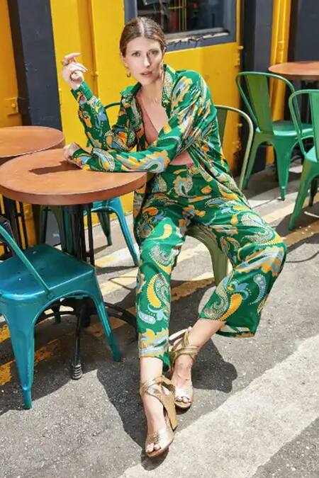 Style Junkiie_Green Crepe Embroidery Paisley Print Cropped Trousers _Online_at_Aza_Fashions