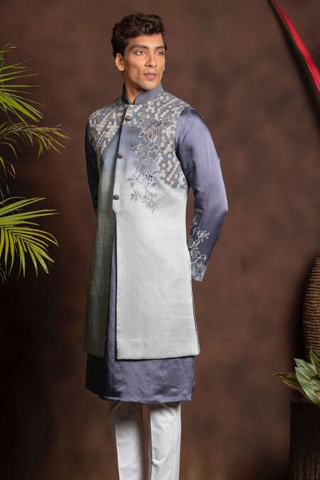 More Mischief Gray Silk, Linen Embroidery Ombre Floral Bundi Set Online at Aza Fashions More Mischief_Gray Silk, Linen Embroidery Ombre Floral Bundi Set_Online_at_Aza_Fashions