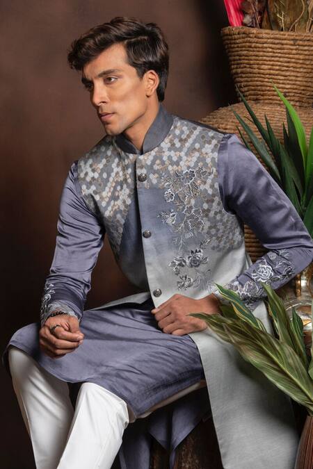 Shop More Mischief Gray Silk, Linen Embroidery Ombre Long Bundi Online at Aza Fashions Shop_More Mischief_Gray Silk, Linen Embroidery Ombre Long Bundi_Online_at_Aza_Fashions