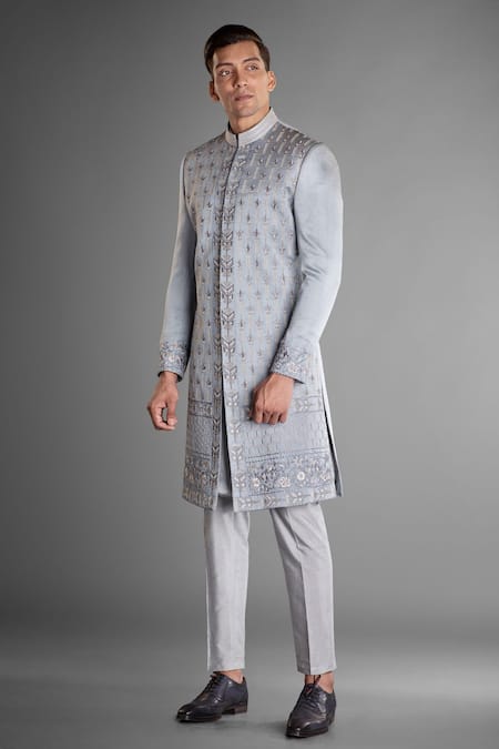 More Mischief_Grey Silk, Linen, Cotton Embroidery Monarch Floral Geometric Sherwani_Online_at_Aza_Fashions
