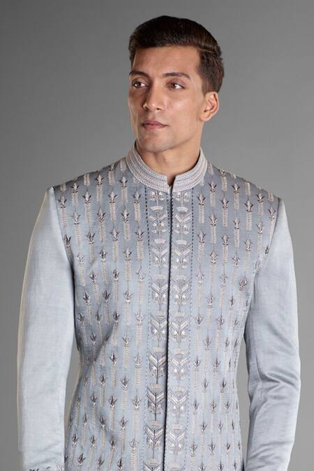Buy_More Mischief_Grey Silk, Linen, Cotton Embroidery Monarch Floral Geometric Sherwani_Online_at_Aza_Fashions